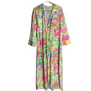 Vtg Mary Mcfadden Robe Womens S Floral Satin Abstract Ruffle Psychedellic Kimono